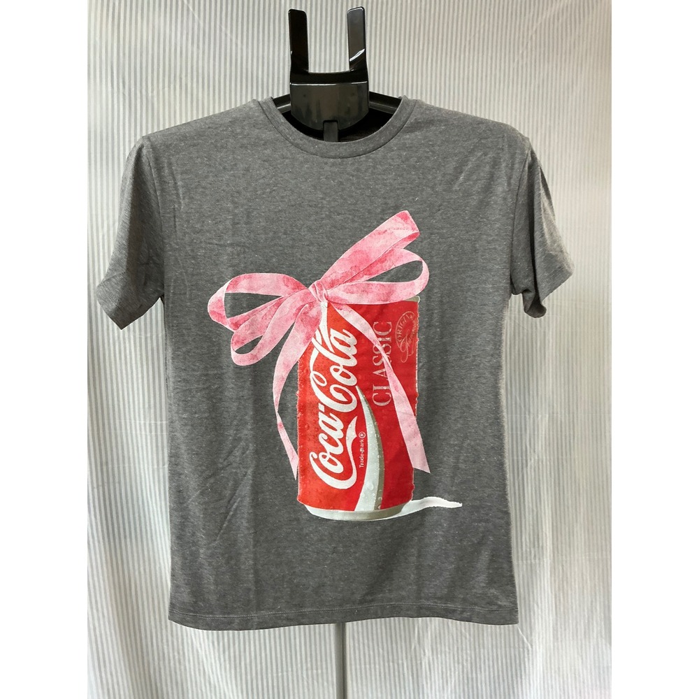Coca-Cola Classic Graphic T-Shirt Gray Pink Bow Coke Can Tee Womens Small NWT